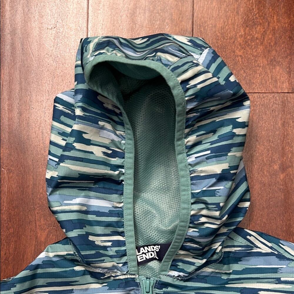 Lands' End Kids Teal Striped Hooded Windbreaker, Packable, Size Large 10-12 - Picture 2 of 14